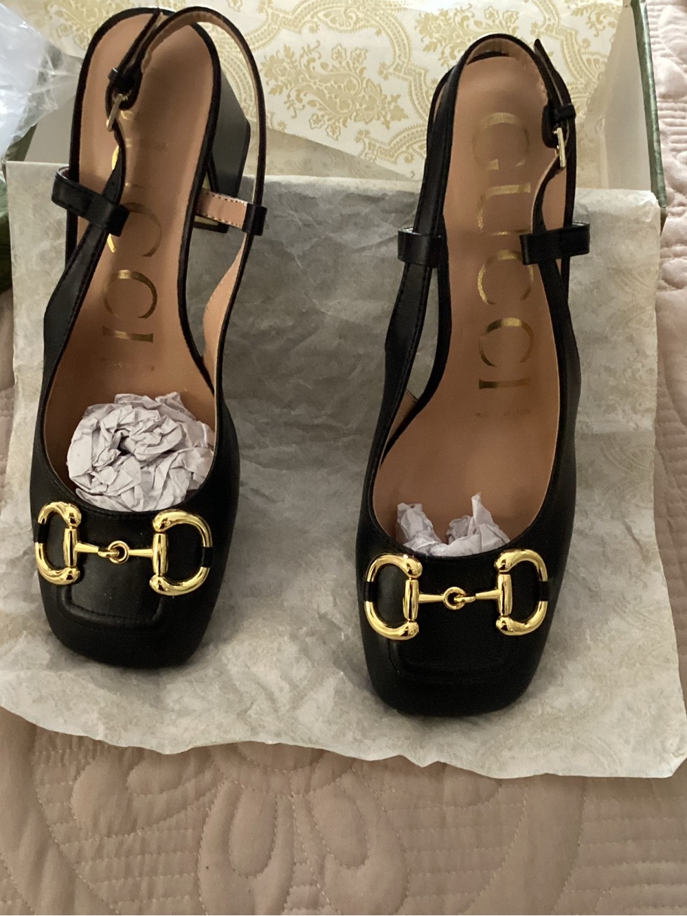 Black Leather Slingback Heels with Gold Horsebit Accent